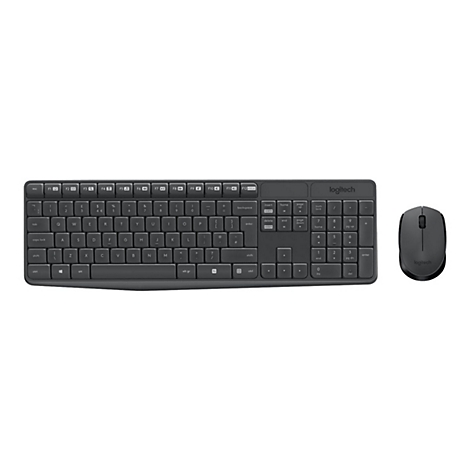 Draufsicht auf ein graues Logitech-Tastatur- und Maus-Set auf weißem Hintergrund. Die Tastatur hat ein Standard-QWERTZ-Layout.