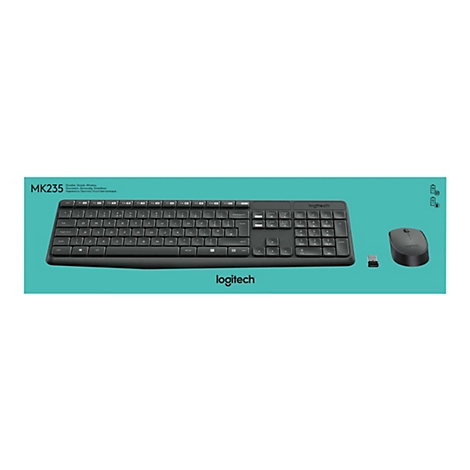 Drahtloses Logitech MK235 Tastatur- und Maus-Set in Schwarz; das Set ist vor einem hellgrünen Hintergrund platziert.
