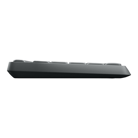 Nahaufnahme einer schwarzen Tastatur von der Seite. Tasten und Gehäuse sind dunkelgrau, vor weißem Hintergrund.