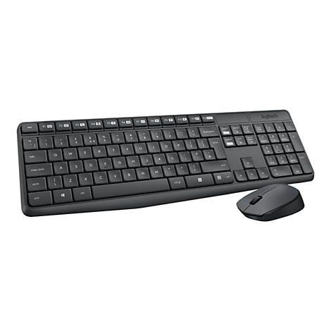 Drahtlose Logitech-Tastatur und -Maus. Dunkelgrau, auf weißem Hintergrund.