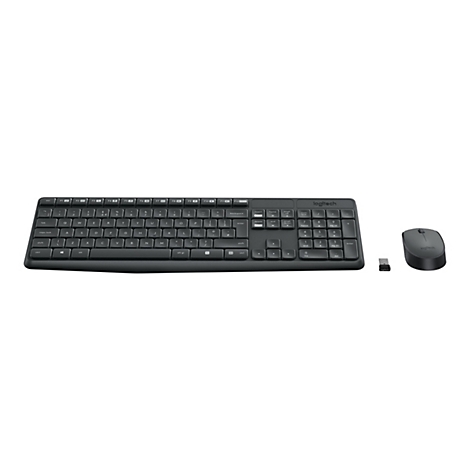 Drahtlose Tastatur und Maus-Set von Logitech in Schwarz. Die Tastatur hat ein klassisches Layout, eine separate Zifferntastatur und Funktionstasten.