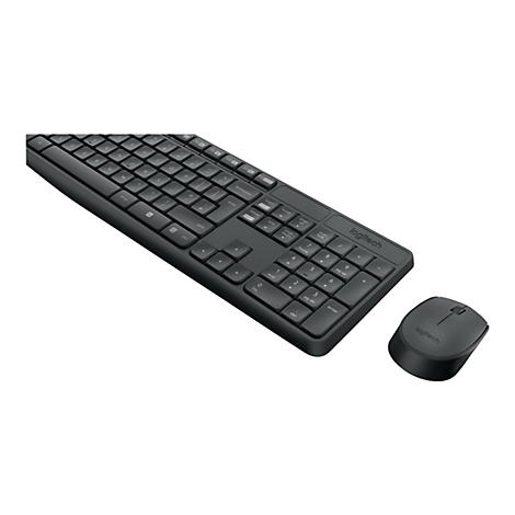 Draufsicht auf eine kabellose Logitech-Tastatur und -Maus auf weißem Hintergrund. Die Tastatur ist dunkelgrau, die Maus schwarz.