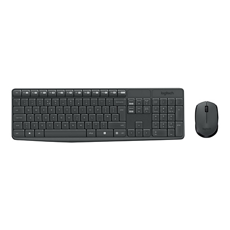 Draufsicht auf ein graues Logitech-Tastatur- und Maus-Set auf weißem Hintergrund. Die Tastatur hat eine rechteckige Form, mit Tasten in verschiedenen Größen und Formen. Die Maus ist kompakt und ergonomisch gestaltet. Beide Geräte tragen das Logitech-Logo.