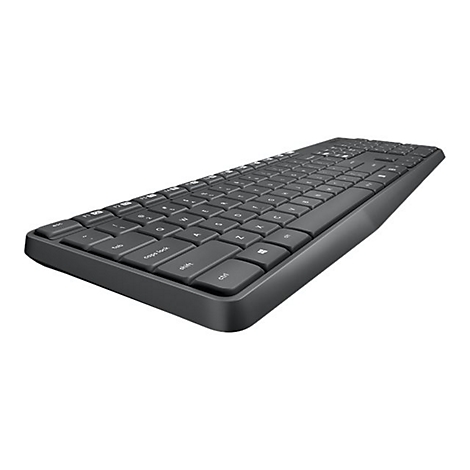 Schwarze, flache Computertastatur in perspektivischer Ansicht vor weißem Hintergrund.