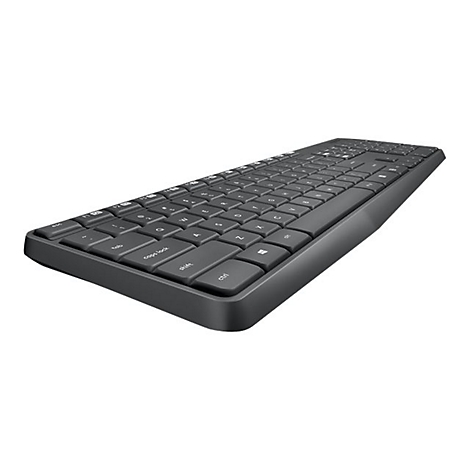 Dunkelgraue Tastatur, leicht von der Seite. Tasten mit Beschriftungen.