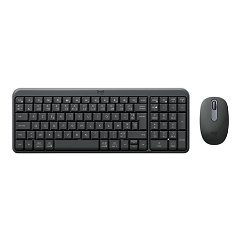 Dunkelgraue Logitech-Tastatur und Maus, drahtlos, auf weißem Hintergrund. Tastatur mit französischen Beschriftungen.