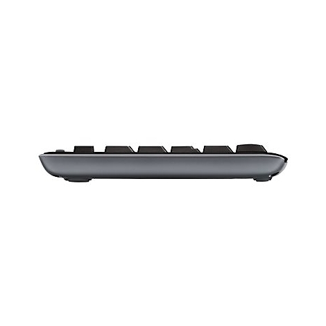 Seitenansicht einer grauen Tastatur mit schwarzen Tasten auf weiÃŸem Hintergrund.