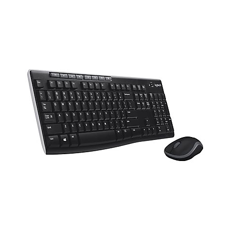 Schwarze Tastatur und Maus, Logitech. Auf weiÃŸem Hintergrund.
