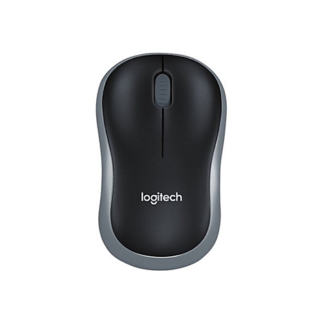 Drahtlose Maus, schwarz mit grauer Umrandung, Rollrad und Logitech-Logo.