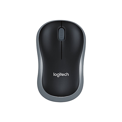 Draufsicht auf eine kabellose Logitech-Maus in Schwarz und Grau. Logitech-Logo unten rechts.