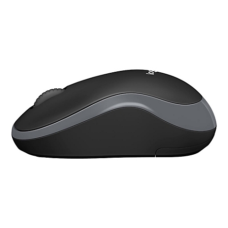 Drahtlose Computermaus in Schwarz und Grau. Mit Scrollrad und Logo. 