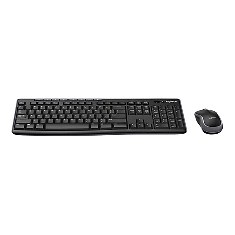 Schwarzes Logitech-Tastatur-Maus-Set auf weißem Hintergrund. Die Tastatur liegt links, die Maus rechts.