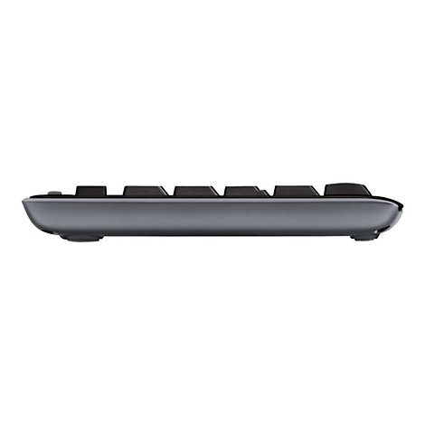Graues Keyboard von der Seite, dunkle Tasten, helle Oberfläche.