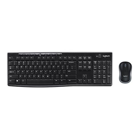 Schwarze Tastatur und Maus-Set vor weißem Hintergrund. Auf der Tastatur befinden sich Buchstaben, Zahlen und Funktionstasten. Auf der Maus ist das Logitech-Logo zu sehen.