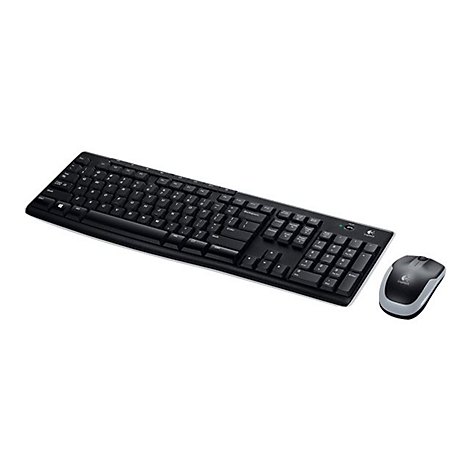 Schwarzes Logitech-Tastatur-Maus-Set auf weißem Hintergrund.