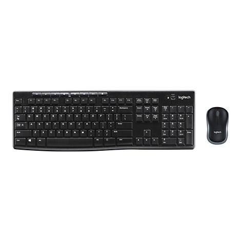 Draufsicht auf ein schwarzes Logitech-Tastatur-Maus-Set. Die Tastatur hat weiße Buchstaben und Symbole und eine separate Tastatur mit Zahlen und Sonderzeichen. Die Maus ist schwarz.