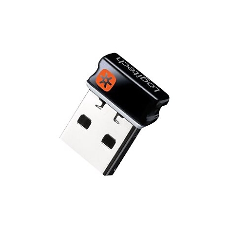 Ein USB-Empfänger von Logitech, schwarz mit orangem Logo. Das Gerät ist schräg vor weißem Hintergrund dargestellt.
