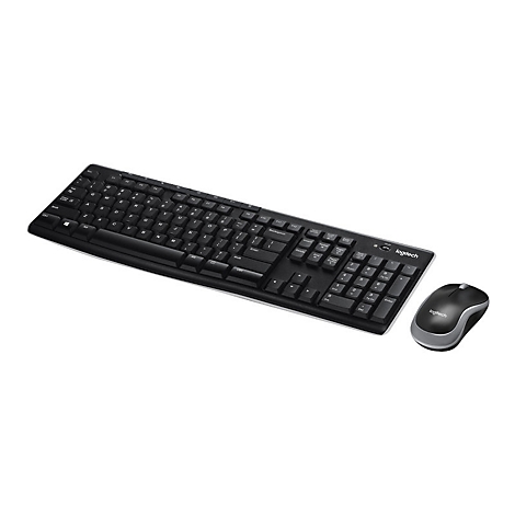 Schwarzes Logitech-Tastatur-Maus-Set auf weißem Hintergrund.