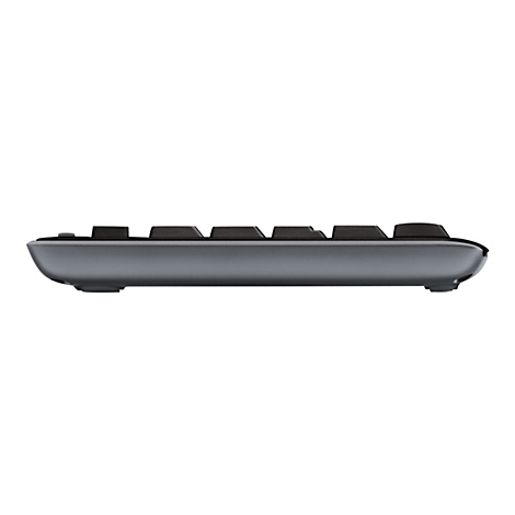Seitenansicht einer Tastatur. Schwarze Tasten auf grauem Gehäuse. Unten befinden sich vier Füße.