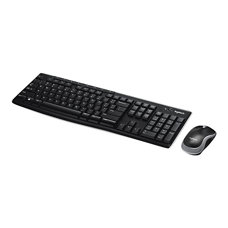 Schwarze Logitech Tastatur und Maus auf weißem Hintergrund.