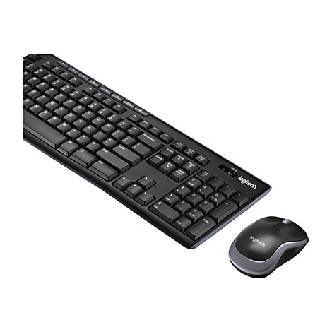 Schwarze Logitech Tastatur und Maus, vor weißem Hintergrund. Die Tastatur hat ein numerisches Tastenfeld, die Maus ist ergonomisch geformt.