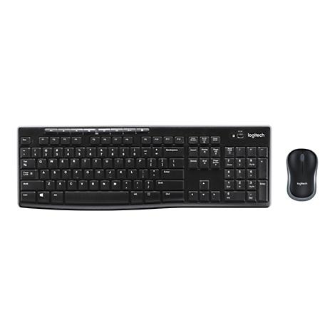 Ein schwarzes Logitech-Tastatur-Maus-Set vor weißem Hintergrund. Die Tastatur hat rechteckige Tasten mit weißen Buchstaben und Zeichen. Eine Maus befindet sich rechts davon.