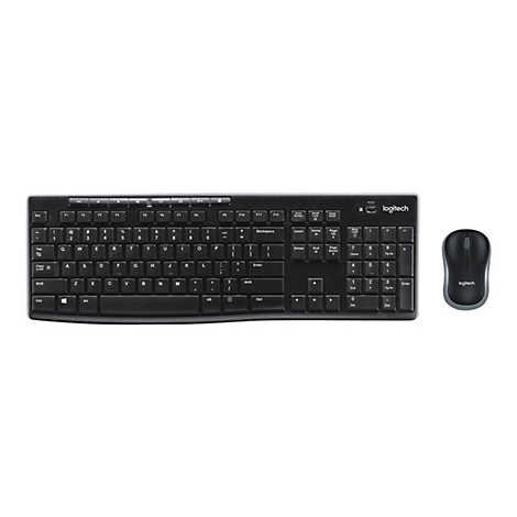 Schwarze Logitech-Tastatur mit separater Maus. Die Tastatur hat weiße Schriftzeichen, darunter Zahlen, Buchstaben und Sonderzeichen.