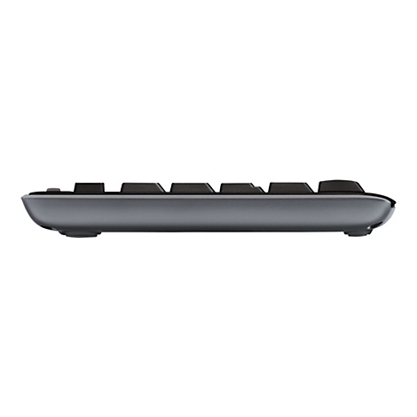 Seitenansicht einer schwarzen Tastatur. Die Tasten sind rechteckig und stehen auf einem grauen Gehäuse. Der Hintergrund ist weiß.