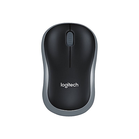 Drahtlose Logitech Maus, schwarz und grau. Scrollrad, Logo.