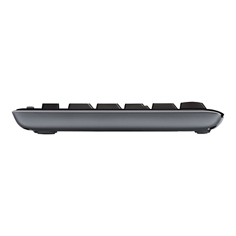 Seitenansicht einer grauen Tastatur. Die Tasten sind schwarz. Das Gehäuse hat eine abgerundete Form und steht auf kleinen Füßen.