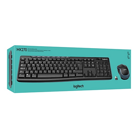 Kabelloses Logitech MK270-Tastatur-Maus-Set, schwarz. Tastatur und Maus liegen auf einer hellblauen Verpackung.