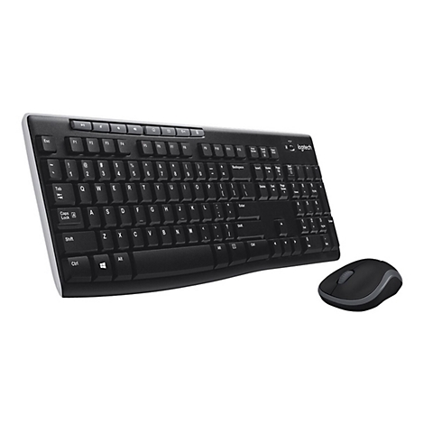 Drahtloses Logitech Tastatur- und Maus-Set. Schwarze Tastatur mit Beschriftung und Maus auf weißem Hintergrund.
