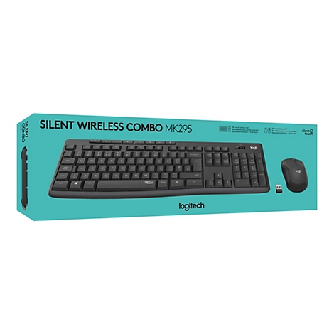 Image de l'emballage d'un Logitech Silent Wireless Combo MK295. L'emballage comprend un clavier, une souris et un récepteur USB. Le texte sur l'emballage comprend "Silent Wireless Combo", "MK295" et "Silent Touch".