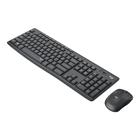 Draufsicht auf eine schwarze Tastatur und eine Maus mit Logitech Logo. Das Set liegt auf weiÃŸem Hintergrund.