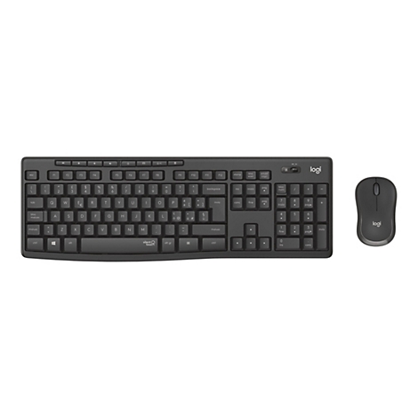 Schwarzes kabelloses Tastatur- und Maus-Set. Die Tastatur hat viele Tasten, die Maus hat ein Scrollrad.