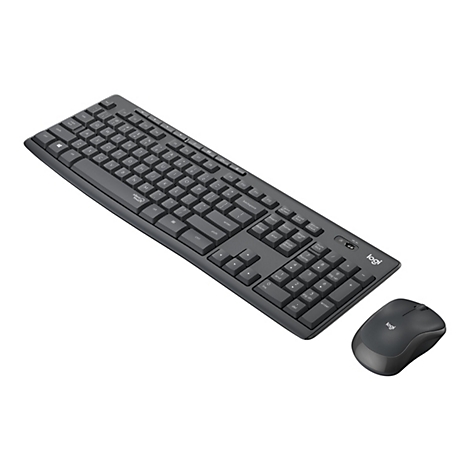 Draufsicht auf eine graue Logitech Tastatur und Maus auf weißem Grund. Die Tastatur hat ein Standard-Layout mit Funktionstasten, Ziffernblock und speziellen Tasten.