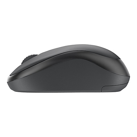 Draufsicht einer grauen Computermaus. Das Mausrad ist vorne, die Form ergonomisch geschwungen.