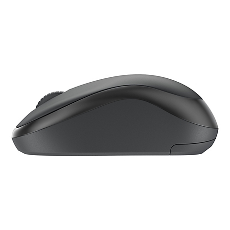 Draufsicht einer grauen Computermaus. Das Mausrad ist vorne, die Form ergonomisch.