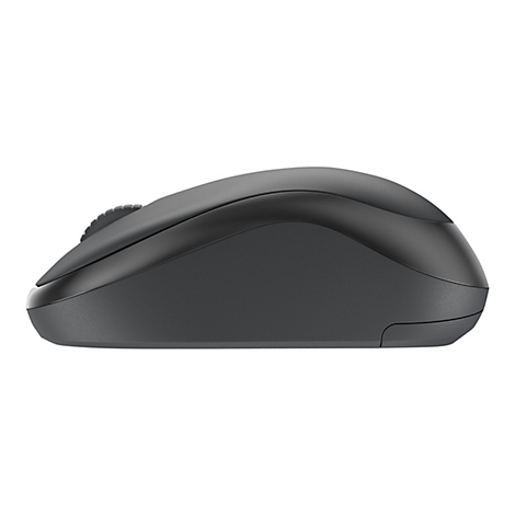 Draufsicht einer grauen Computermaus. Sie zeigt die Form, das Scrollrad und die seitlichen Details.