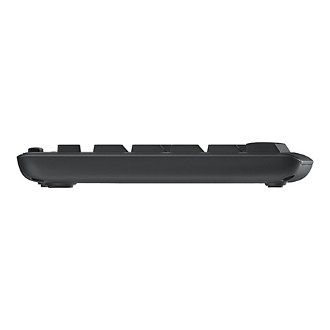 Schwarze Tastatur, Seitenansicht auf hellem Hintergrund. Die Tasten sind gut erkennbar.