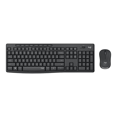 Drahtloses, schwarzes Tastatur- und Maus-Set. Die Tastatur hat viele Tasten, die Maus hat zwei Tasten und ein Scrollrad.