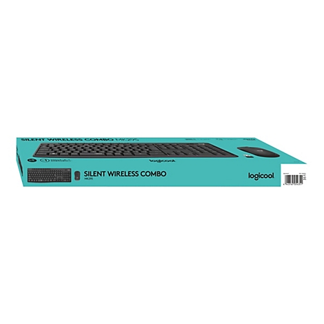 Eine Produktverpackung, die ein kabelloses Tastatur-Maus-Set von Logitech zeigt. Auf der Verpackung stehen Informationen über das Produkt, einschliesslich des Namens "Silent Wireless Combo MK295" und des Logos von Logitech.