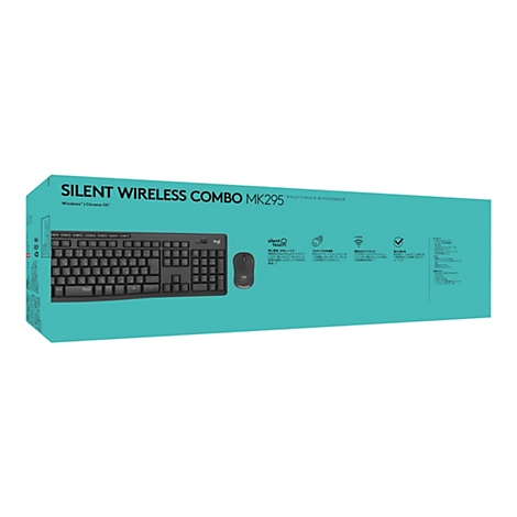 Produktverpackung des Logitech MK295 Silent Wireless Combo Sets, bestehend aus Tastatur und Maus. Auf dem türkisfarbenen Hintergrund befinden sich eine schwarze Tastatur und eine kleine Maus. Die Verpackung zeigt Produktmerkmale wie Silent Touch Techno...