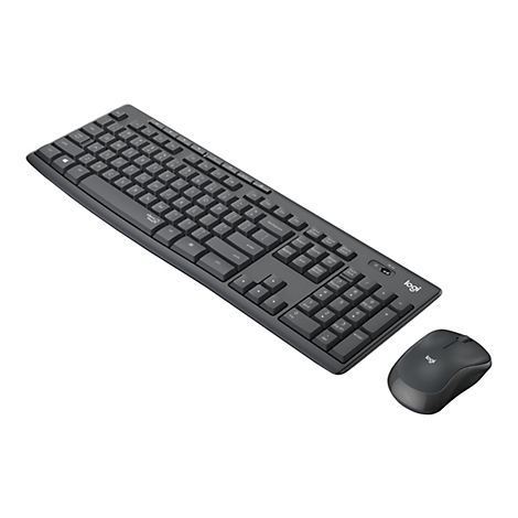 Draufsicht auf eine kabellose Logitech-Tastatur und -Maus. Die Tastatur ist dunkelgrau und hat einen Ziffernblock und Funktionstasten. Die Maus ist ebenfalls dunkelgrau.