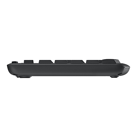 Schwarze Tastatur, Seitenansicht, auf weißem Hintergrund. Die Tasten sind oben zu sehen.