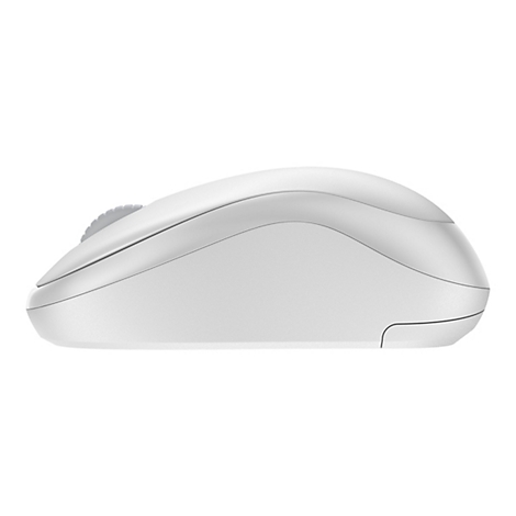 Draufsicht einer weiÃŸen, ergonomischen Computermaus mit Scrollrad.