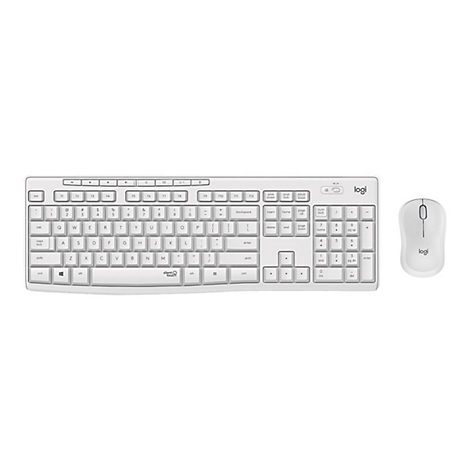 WeiÃŸes Logitech Tastatur-Maus-Set. Tastatur mit vielen Tasten, Maus mit zwei Tasten und Scrollrad.