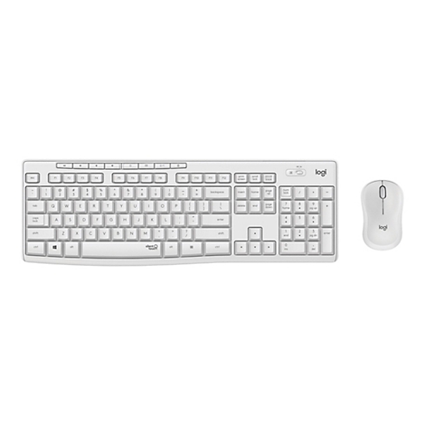 WeiÃŸes Logitech-Tastatur- und Maus-Set. Auf weiÃŸem Grund, Blick von oben.