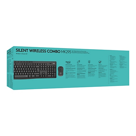 Draufsicht auf die Verpackung eines Logitech MK295 Silent Wireless Combo, bestehend aus einer schwarzen Tastatur und einer Maus. Auf der Verpackung stehen Produktmerkmale und -vorteile.