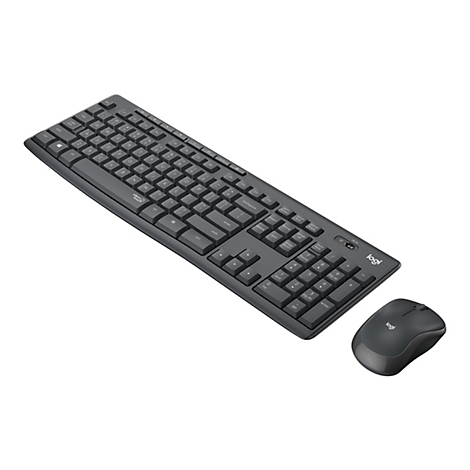 Draufsicht auf ein schwarzes Logitech-Tastatur- und -Maus-Set. Die Tastatur ist mit allen Tasten klar beschriftet, die Maus liegt daneben.